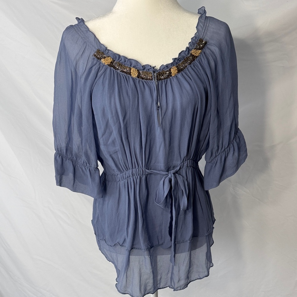 Women's Blue Blouse with Embellished Neckline